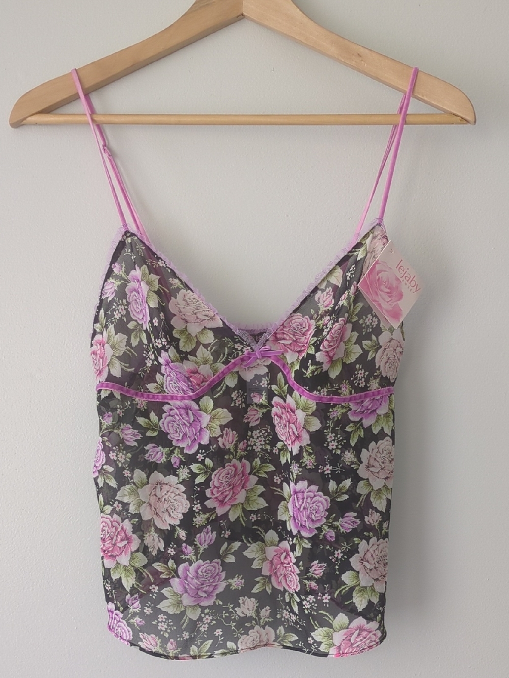 Lejaby Floral Lace-Trim Pink & Black Chemise